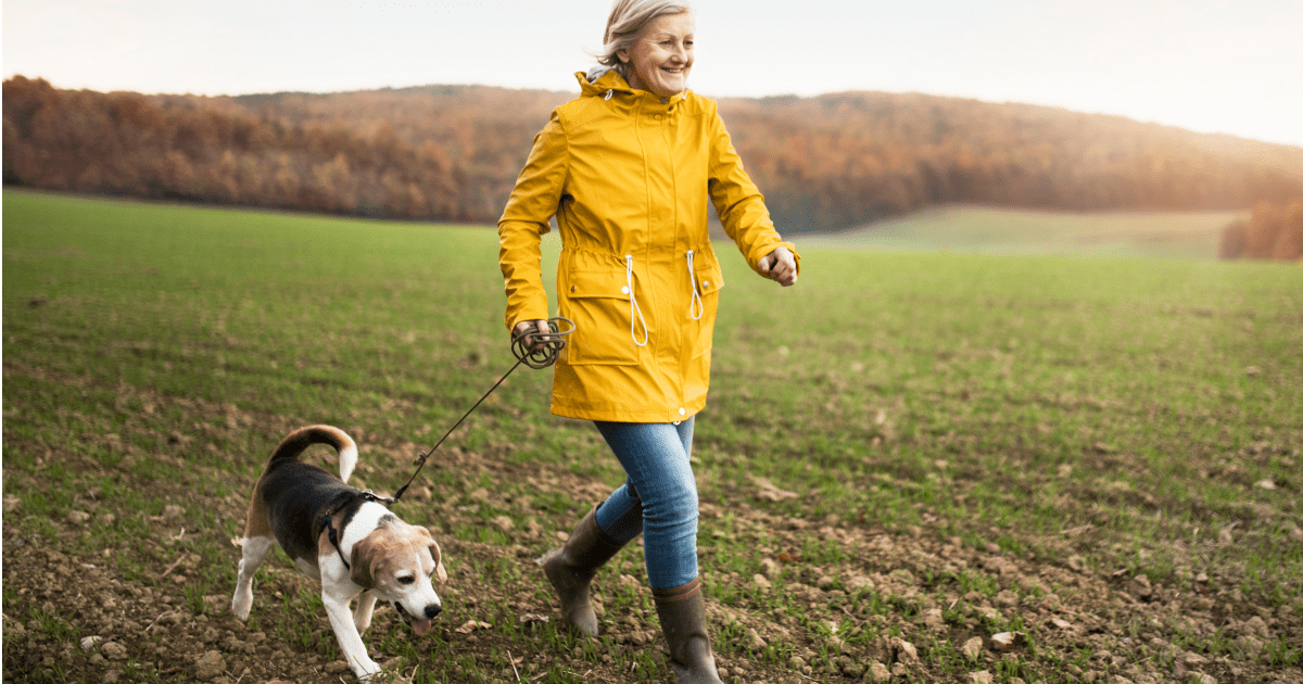 Pets and Wellness: Senior woman walking her dog on a sunny day, illustrating the positive impact of animals on our well-being.