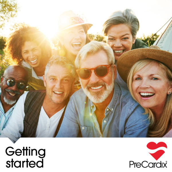 What to expect with Precardix: Happy group of six people outdoors with sun glare pointing at camera lens, embodying the vibrant health and community spirit to expect with PreCardix